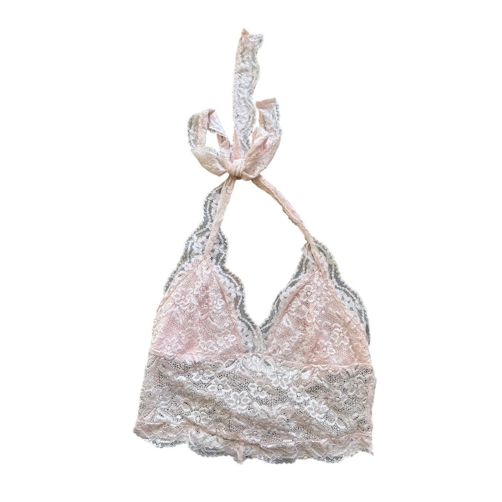 Floral‎ Lace Halter y2k Bralette Pink Scalloped Trim V-Neck Crop Top Small